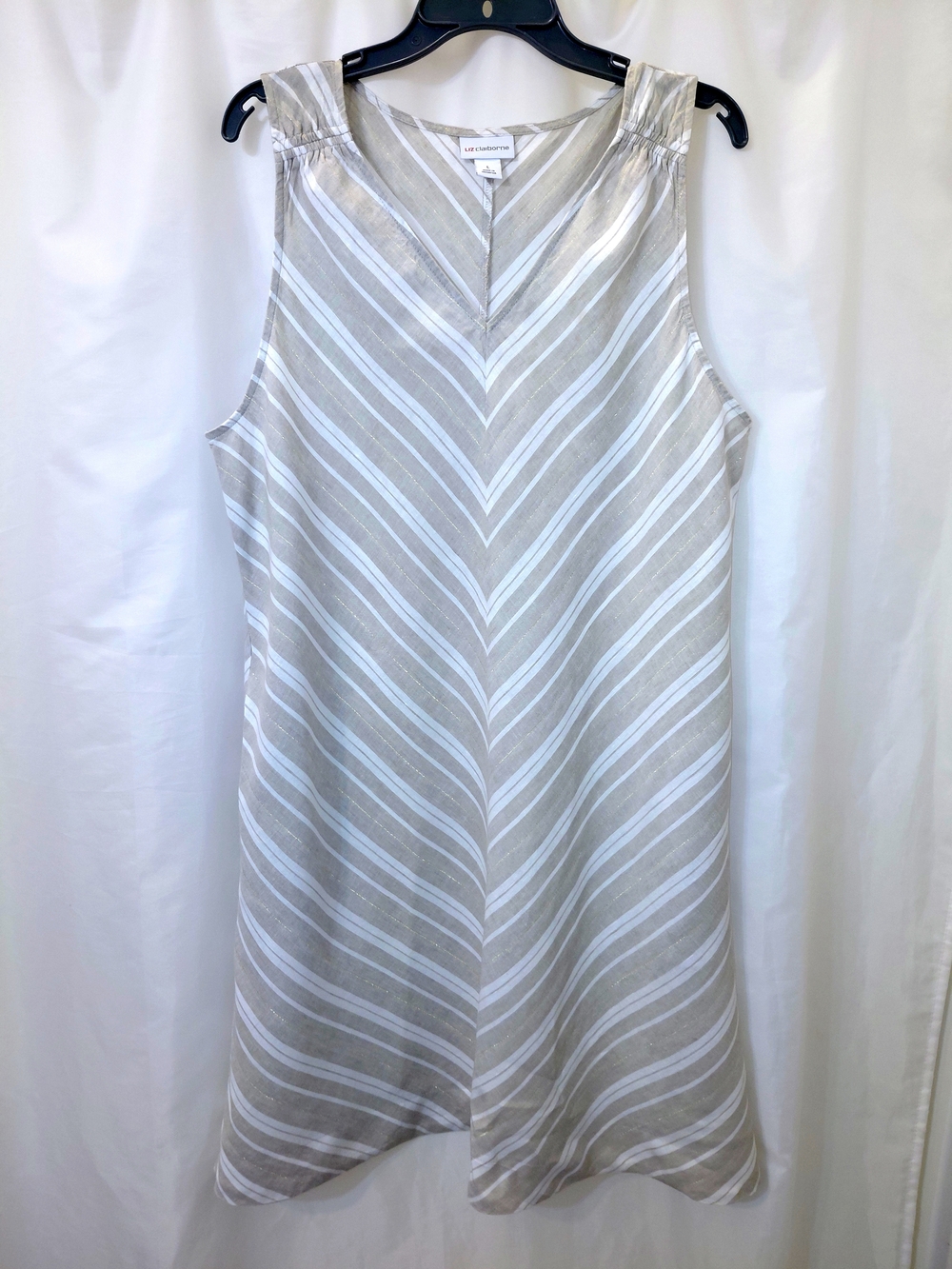EUC sz L Liz Claiborne Linen Blend Sand Striped Sleeveless Shift Dress